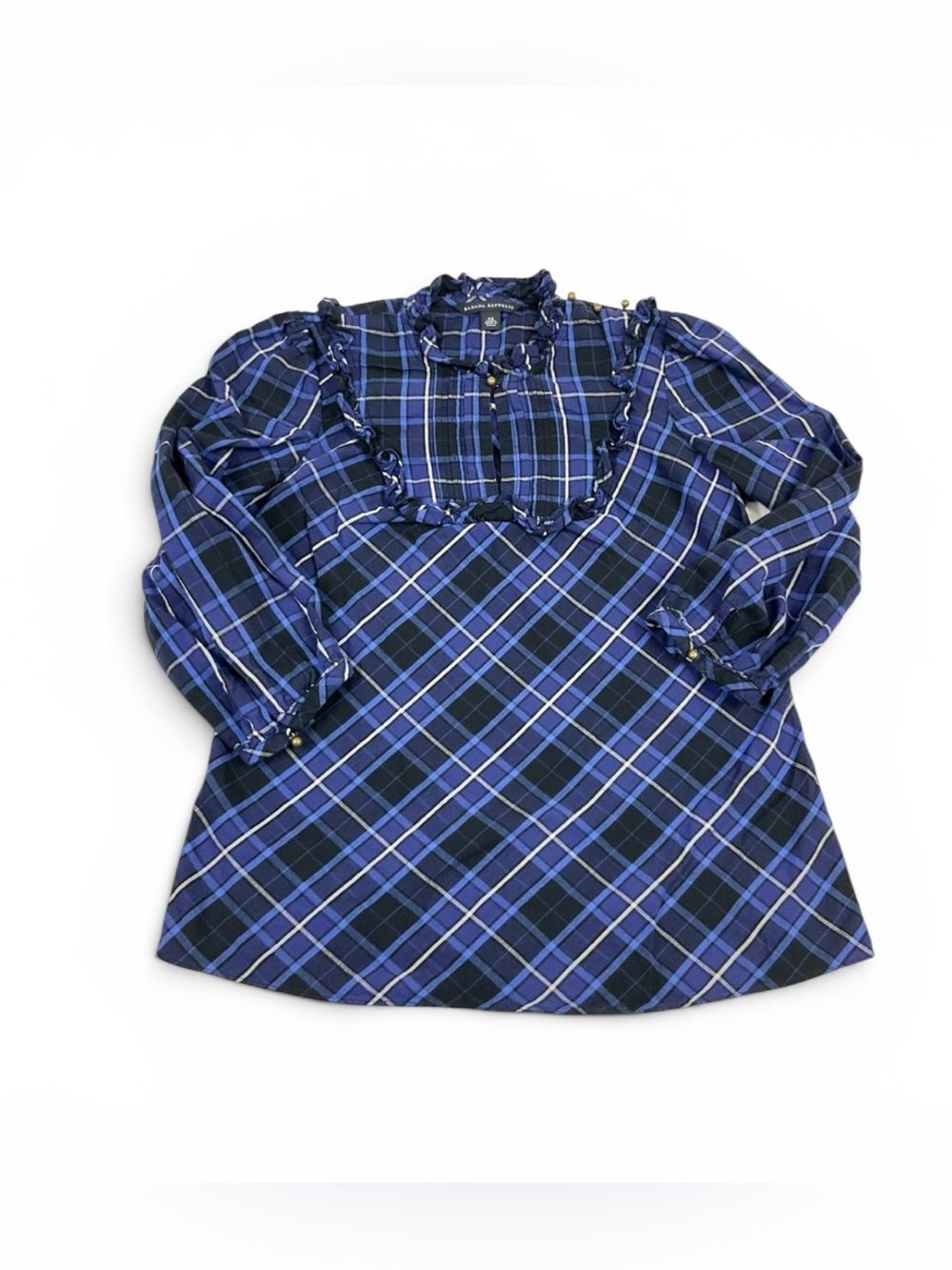 Banana Republic Ruffled Blouse Blue Plaid Warm Knit 3/4 Sleeve Classic Shirt XS